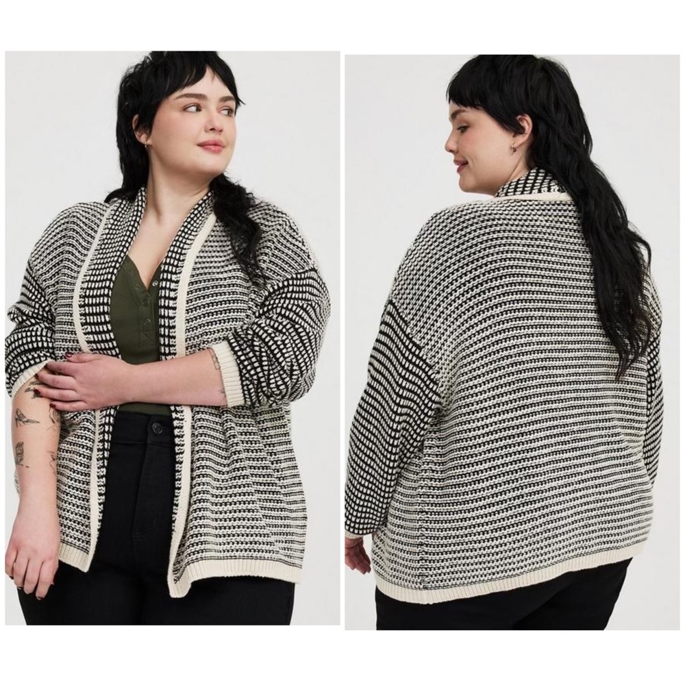 Torrid Black/White Long-Sleeve Open-Front Cardigan NWT Size 1X Cotton Blend
